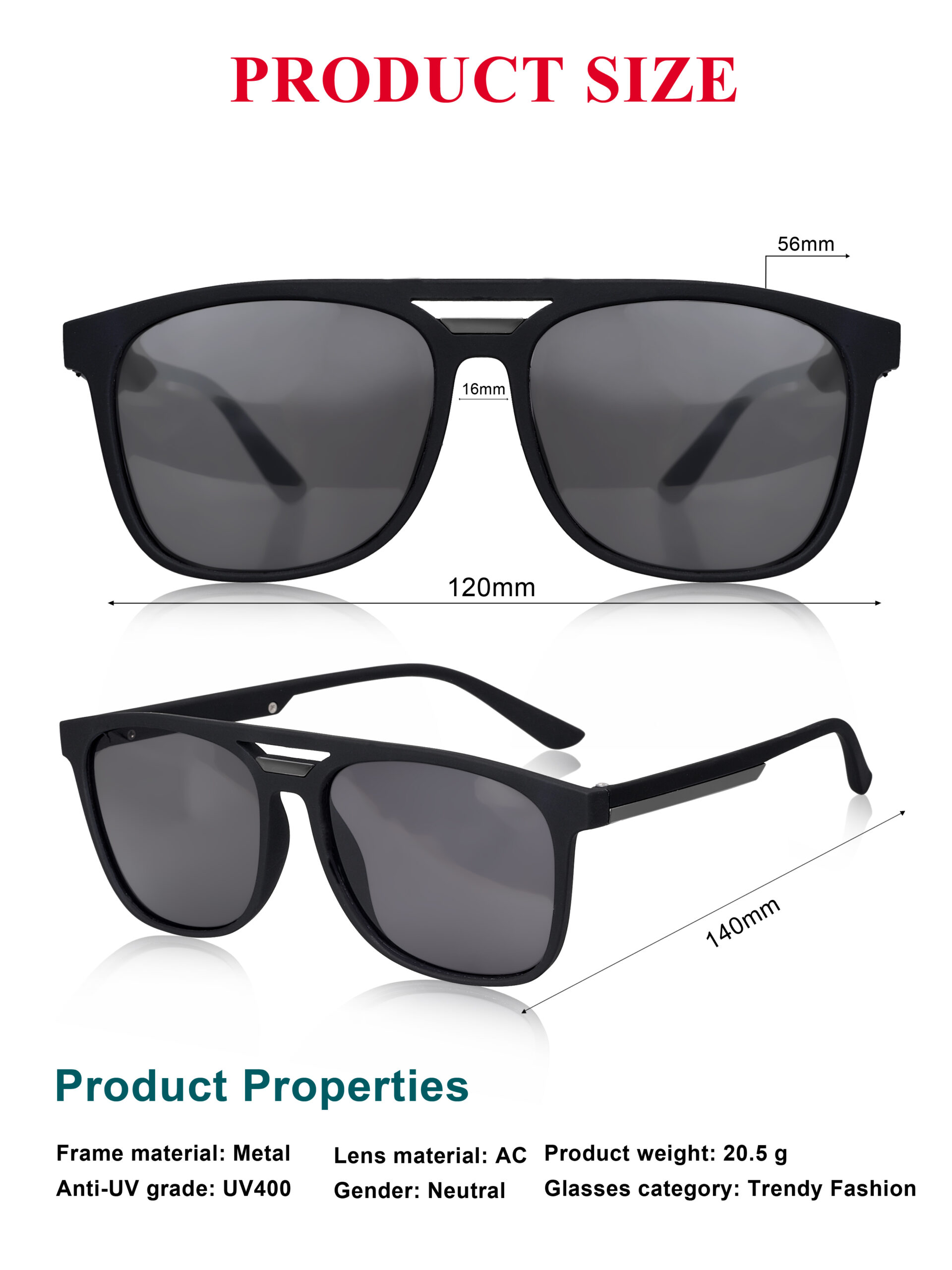 KAPCHA Unisex Classic Square Sunglasses, Matte Black Frame - Image 5