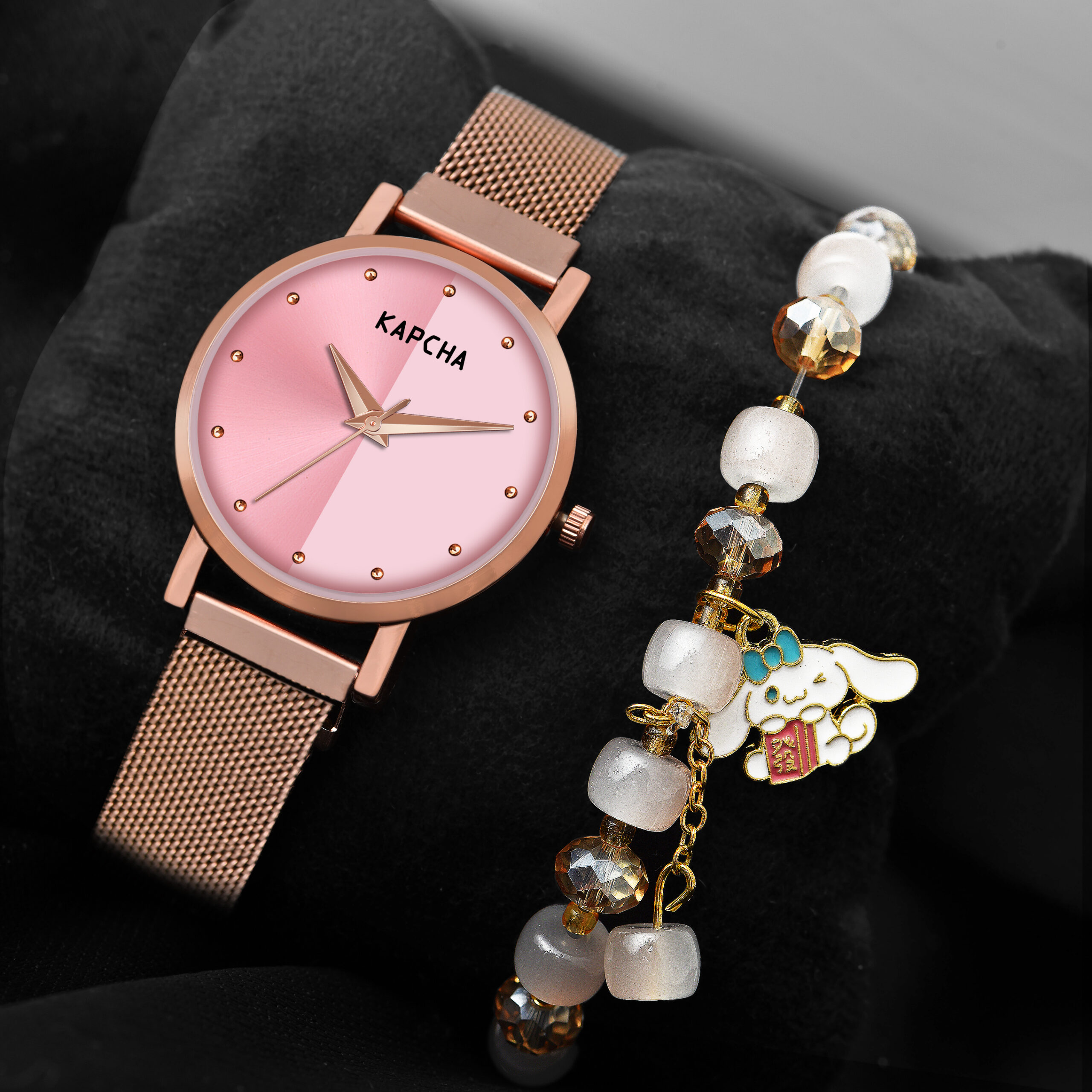 KAPCHA Pack of 2 Stylish Women's Chain Strap with Charm Bracelet, Round Dial Shape, Quartz Movement