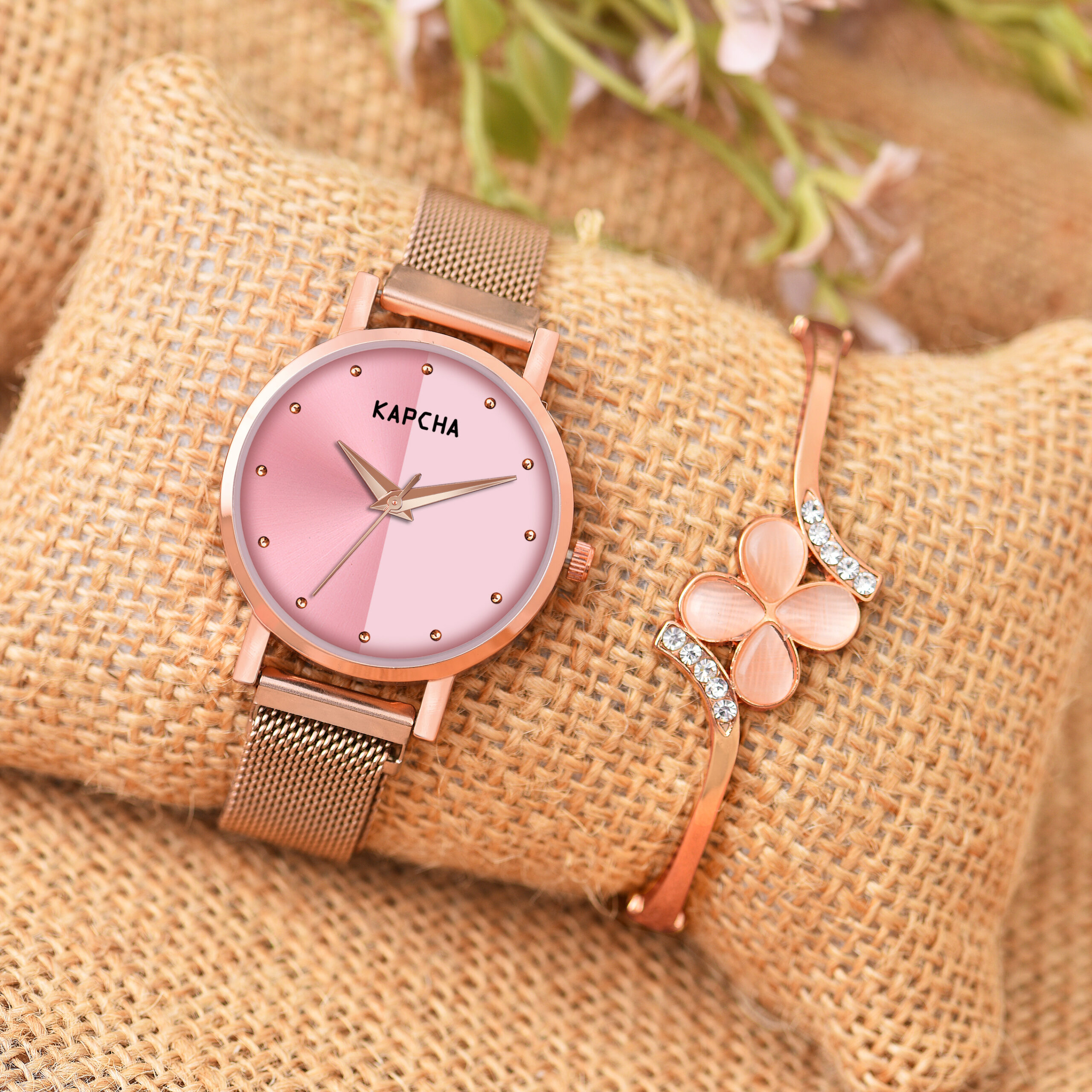 KAPCHA Analogue Women's Chain Strap Watch with Rose Gold Floral Gifting Bracelet Round Dial Shape, Quartz Movement.
