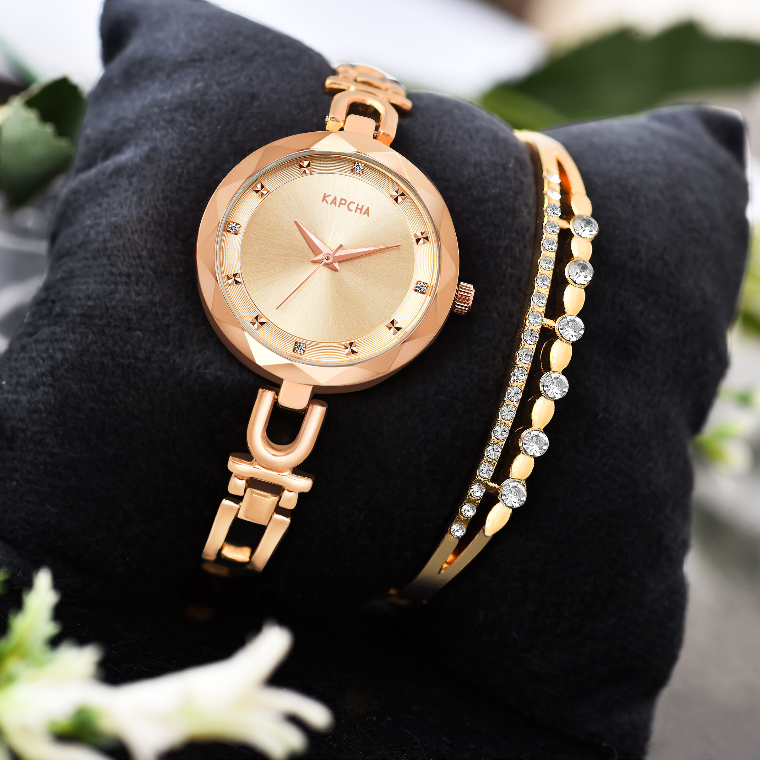 KAPCHA Versatile Stylish Women's Mesh Strap Watch with Golden Stone Gifting Bracelet, Round Dial Shape, Quartz Movement.