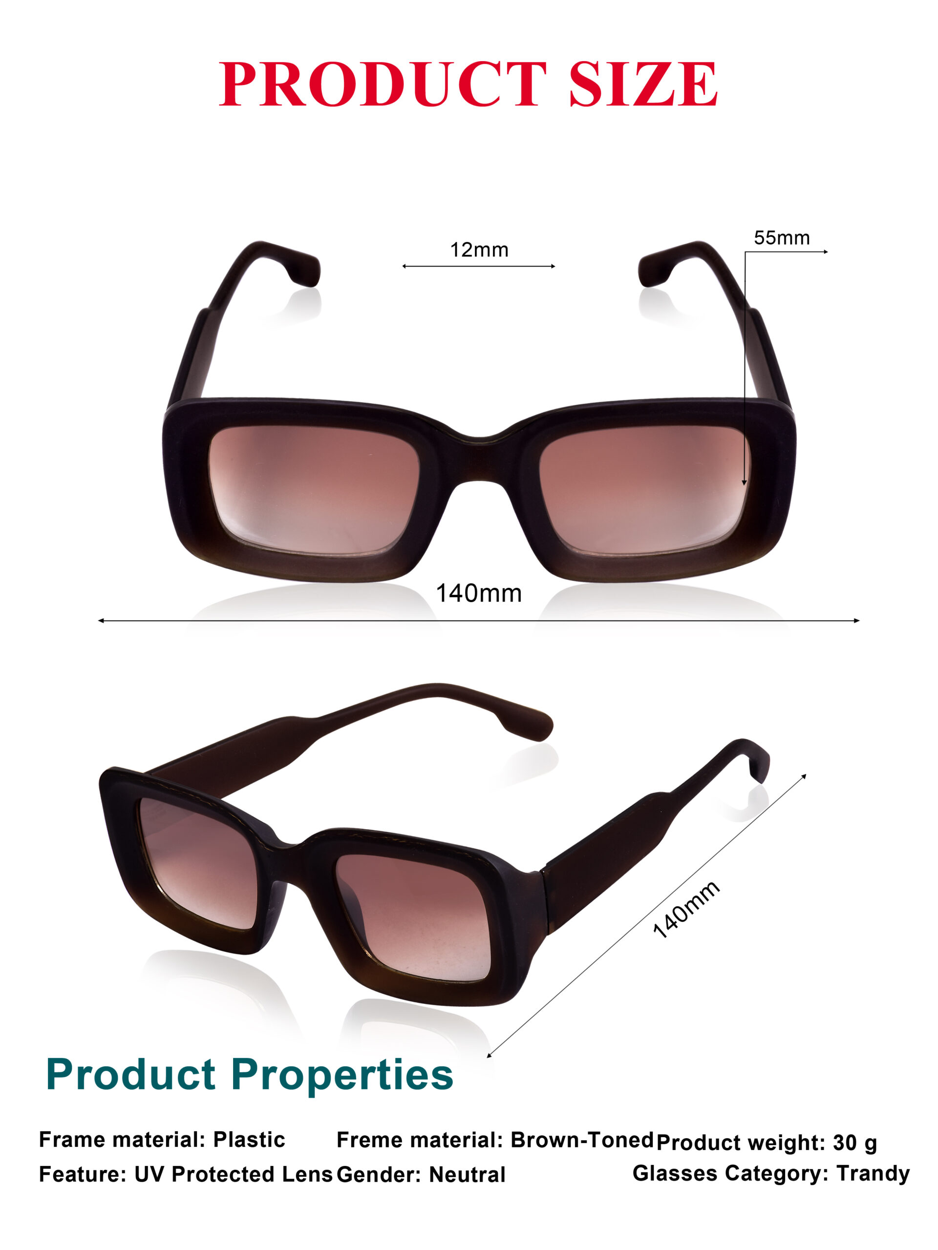 KAPCHA Trendy Men's Rectangular Sunglasses, Brown Frame with UV Protection, 140mm Wide, with Leather Case - Image 4