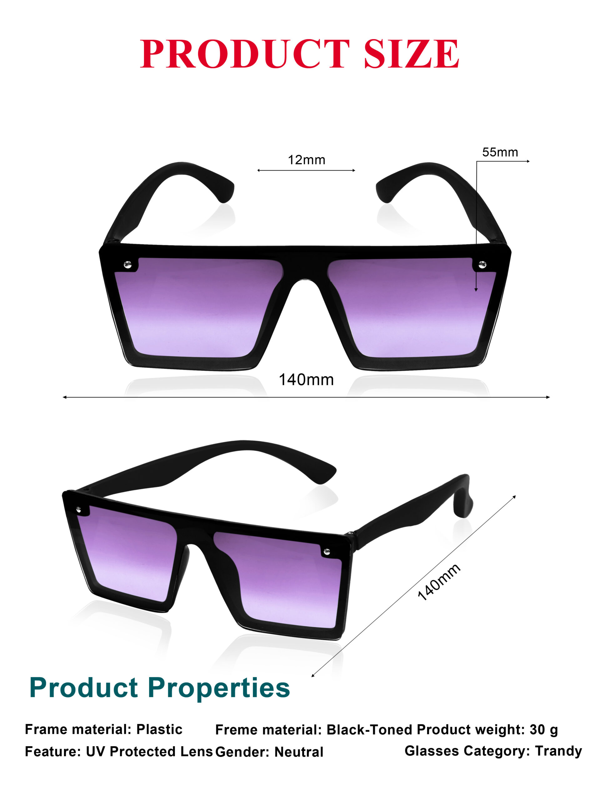 KAPCHA Square Oversized Sunglasses, Purple Gradiant Lens, UV Protected Lens - Image 4
