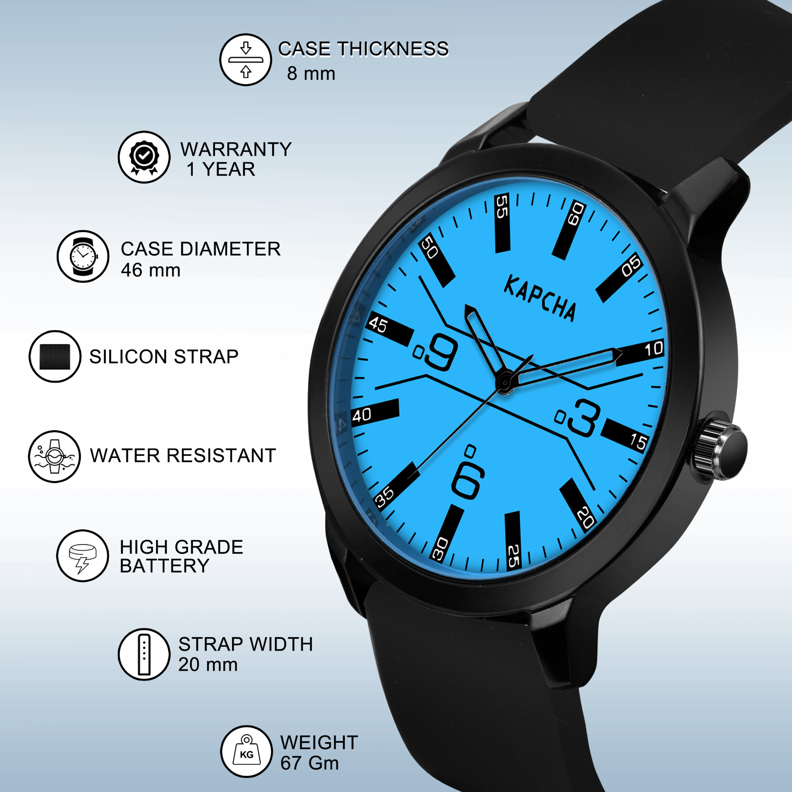 KAPCHA Stylish Mens Silicone Strap Watch, Blue Round Dial Shape, Quartz Movement - Image 4