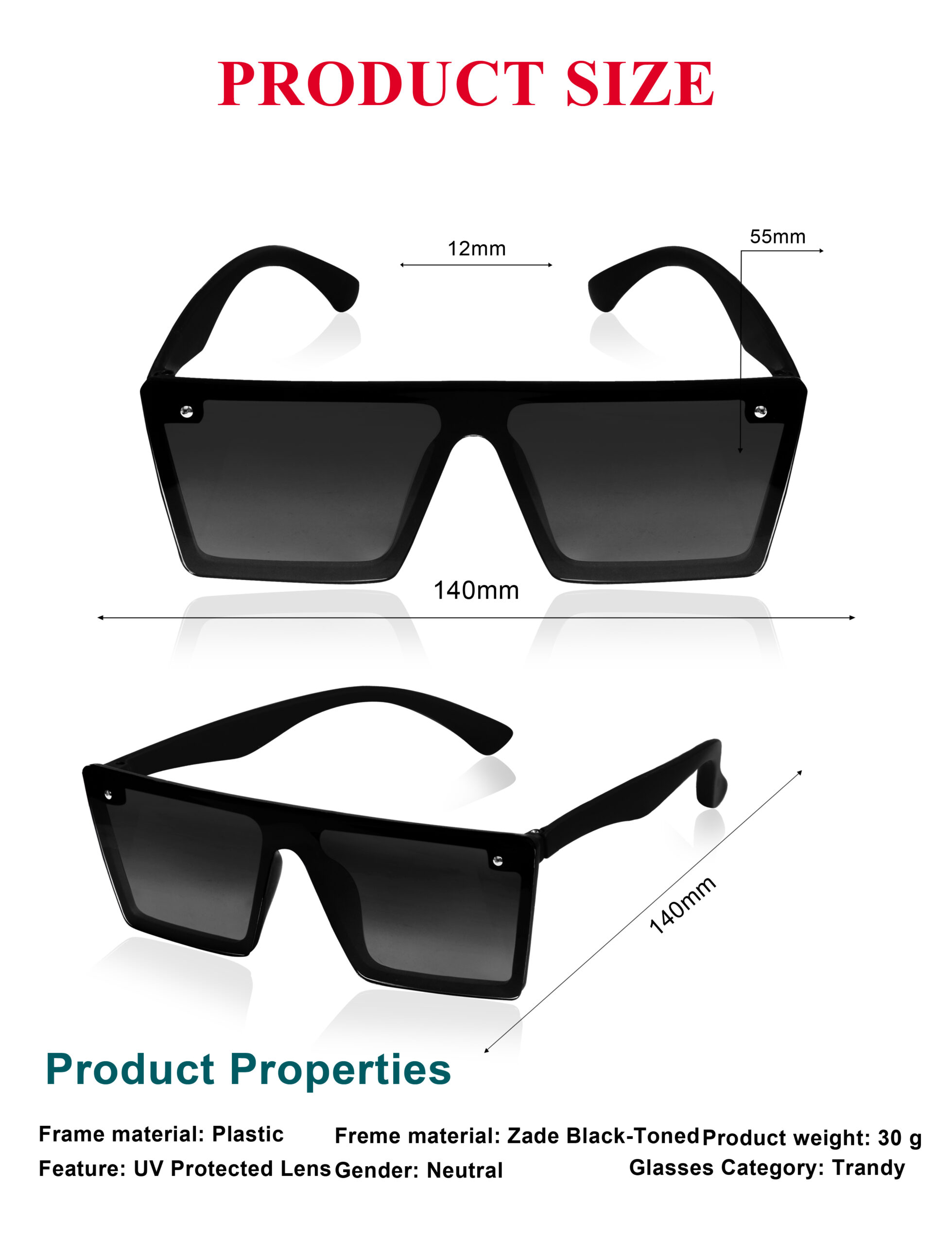 KAPCHA Square Oversized Sunglasses For Men, Black Gradiant Lens, UV Protected Lens - Image 3