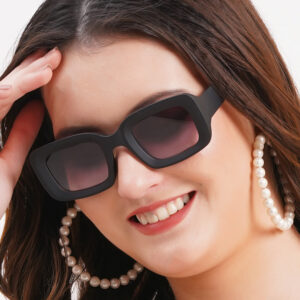 KAPCHA Trendy Rectangular Sunglasses For Women, Black Frame with UV Protection, 140mm Wide, Trendy Design with Leather Case