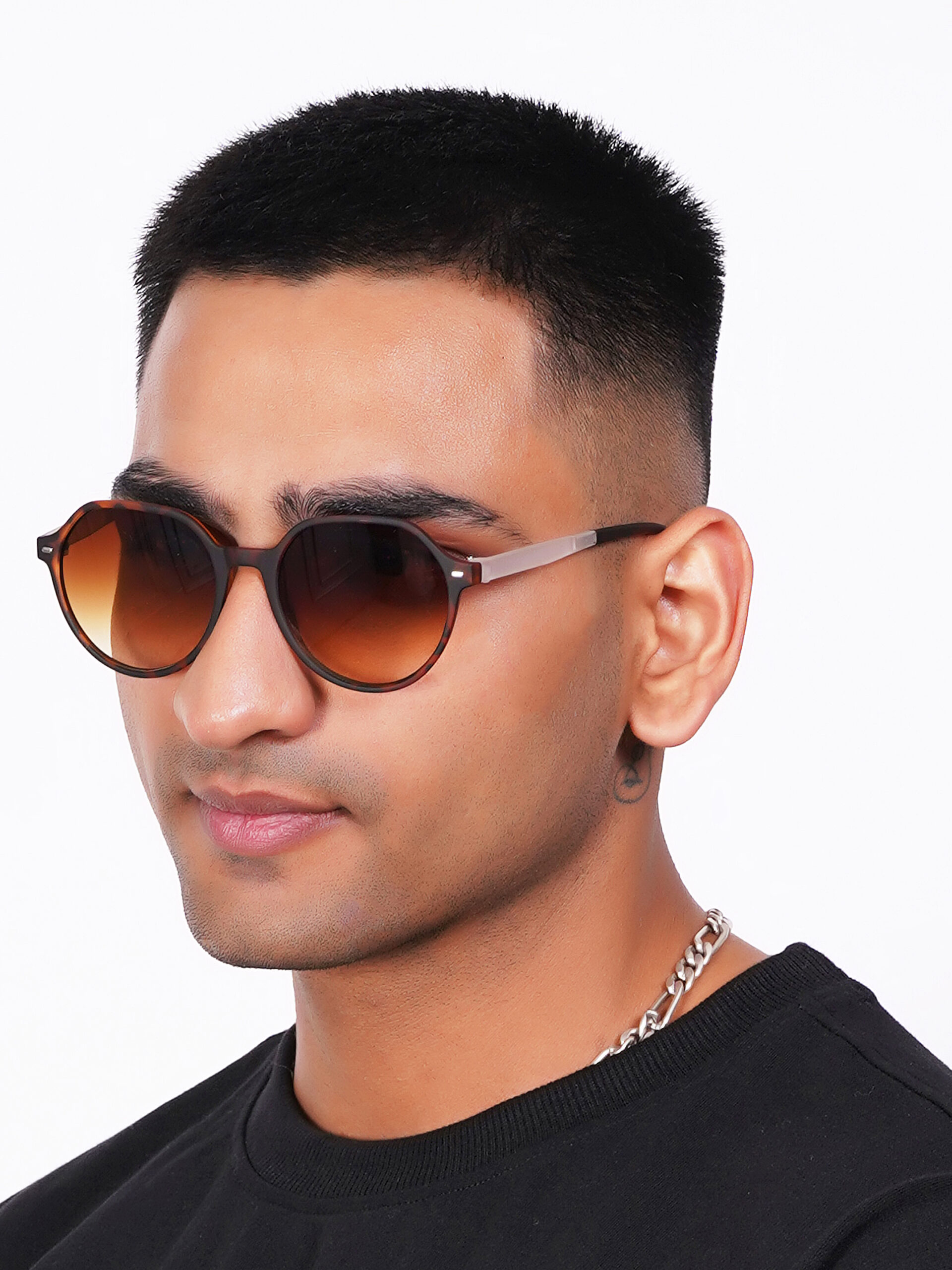 KAPCHA Men's Round Sunglasses, UV Protected Lens, Brown Toned Frame, Trendy Design, Leather Case - Image 4