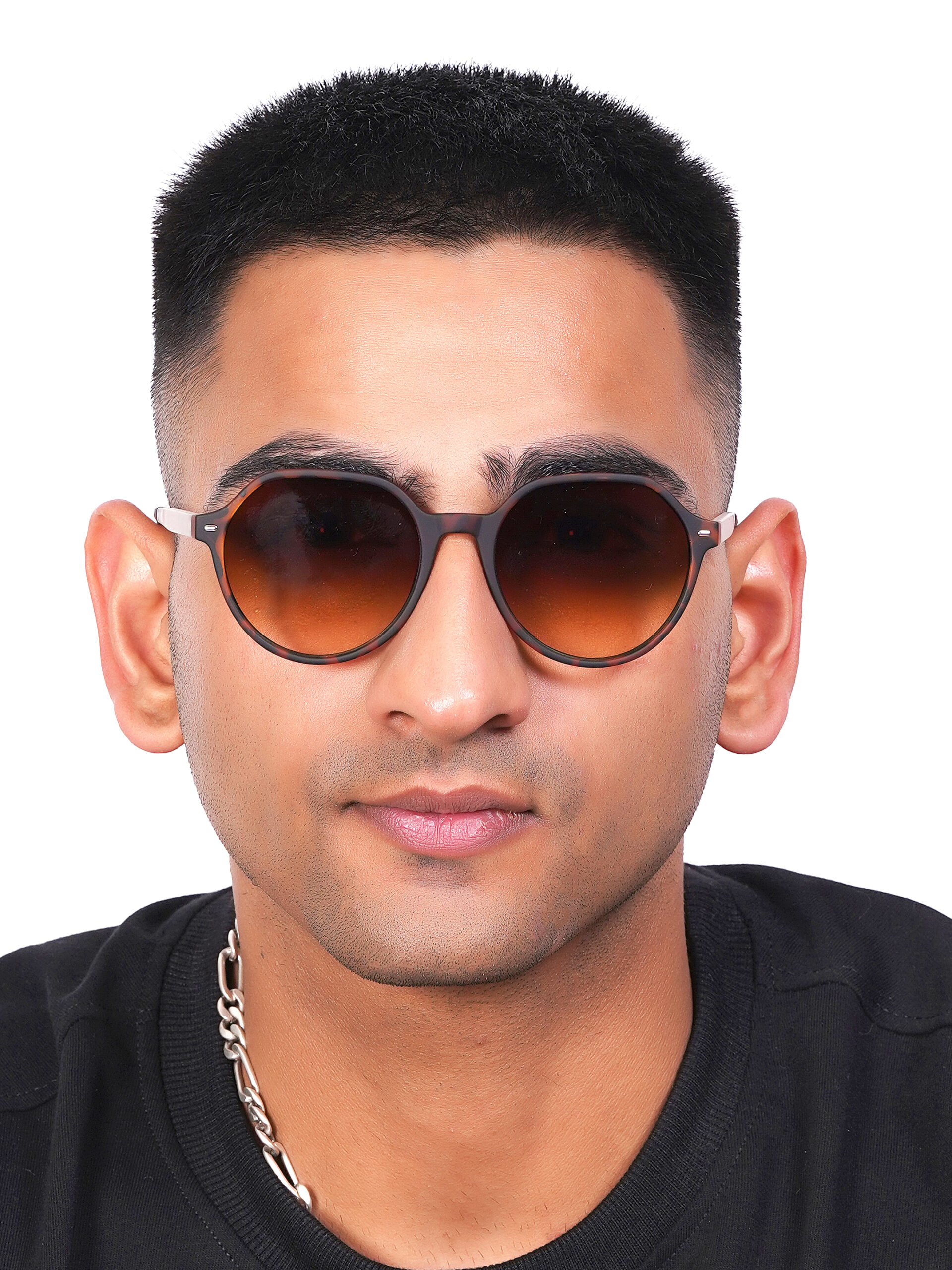 KAPCHA Men's Round Sunglasses, UV Protected Lens, Brown Toned Frame, Trendy Design, Leather Case