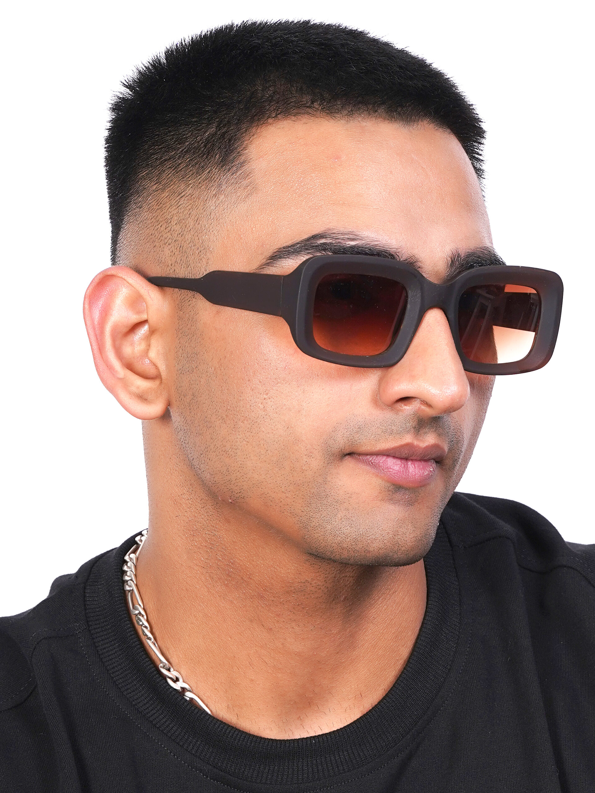 KAPCHA Trendy Men's Rectangular Sunglasses, Brown Frame with UV Protection, 140mm Wide, with Leather Case