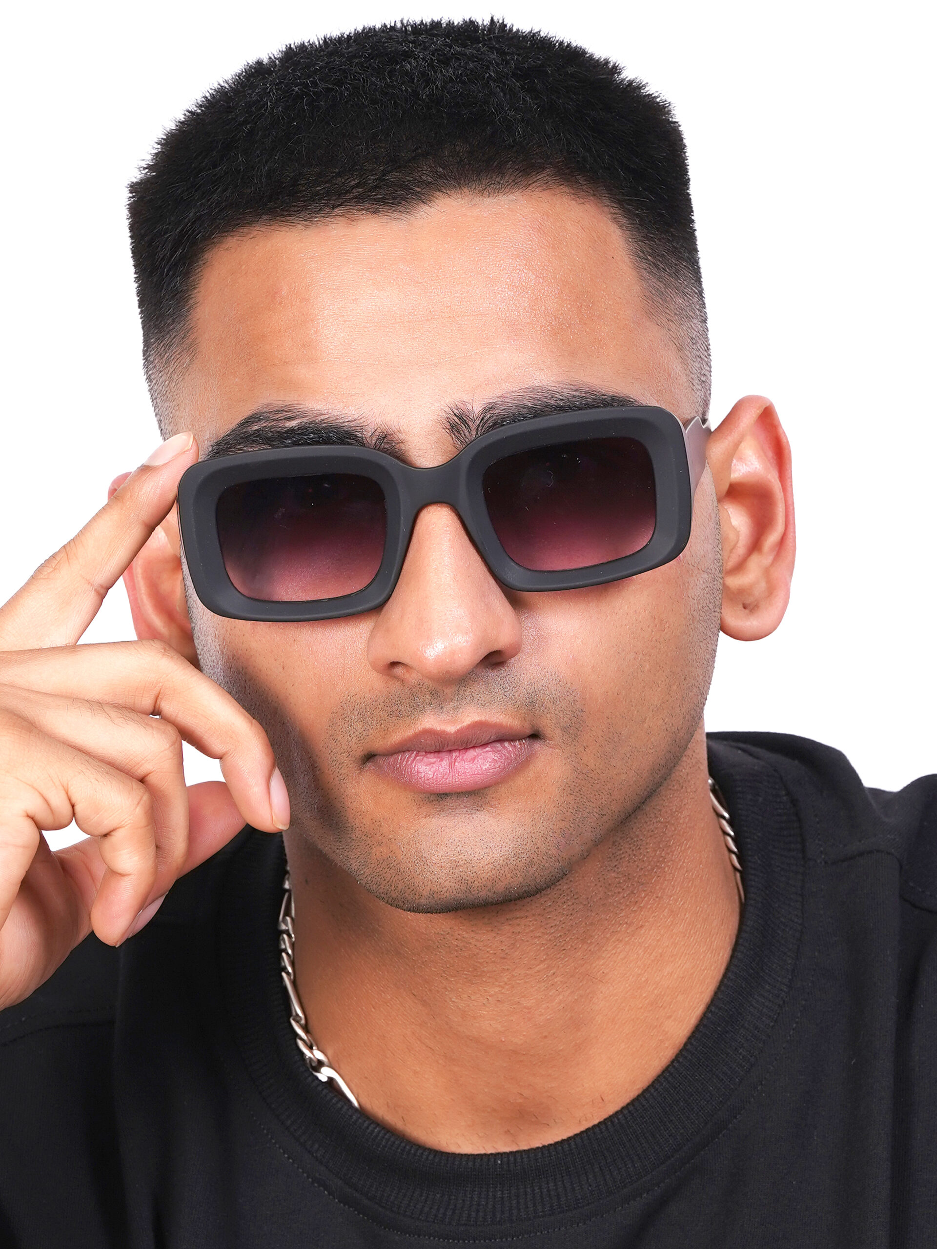 KAPCHA Men's Rectangular Sunglasses, Brown Frame with UV Protection, 140mm Wide, Trendy Design with Leather Case