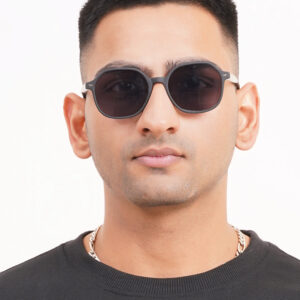 KAPCHA Round Sunglasses For Men, Black Frame with White Arms, UV Protected Lens, Leather Case