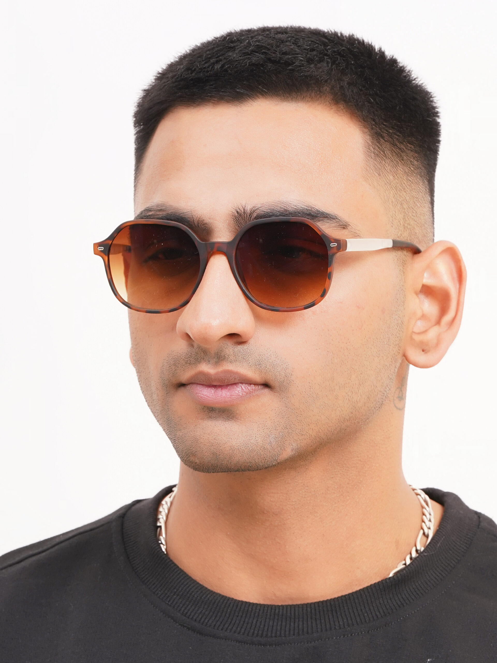 KAPCHA Men's Round Sunglasses, UV Protected Lens, Brown Toned Frame, Trendy Design, Leather Case - Image 6