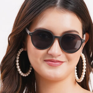 KAPCHA Round Sunglasses For Women, Black Frame with White Arms, UV Protected Lens, Leather Case