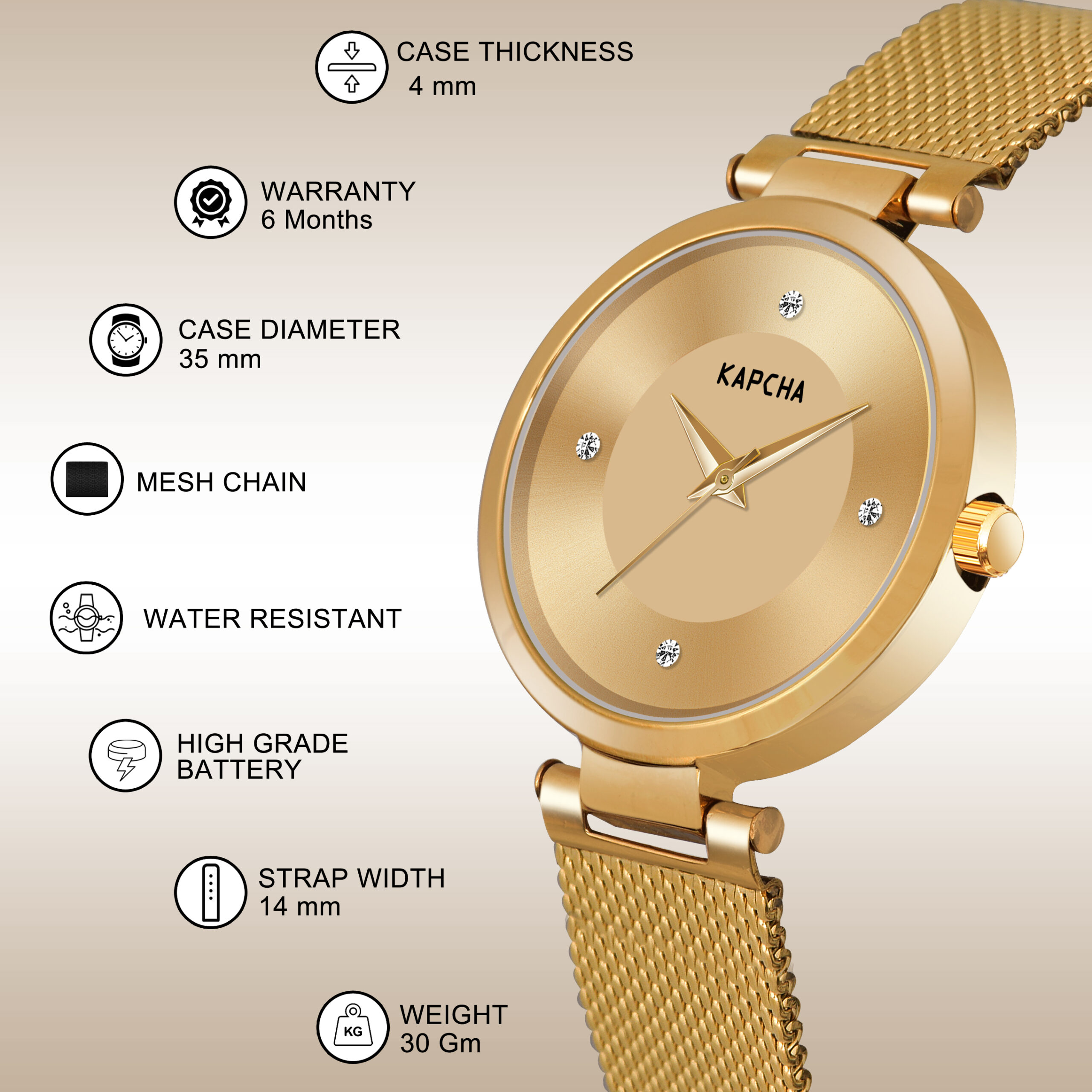 KAPCHA Women's Fashionable Chain Strap Watch with Golden Stone Charm Bracelet, Quartz Movement Adjustable - Image 5