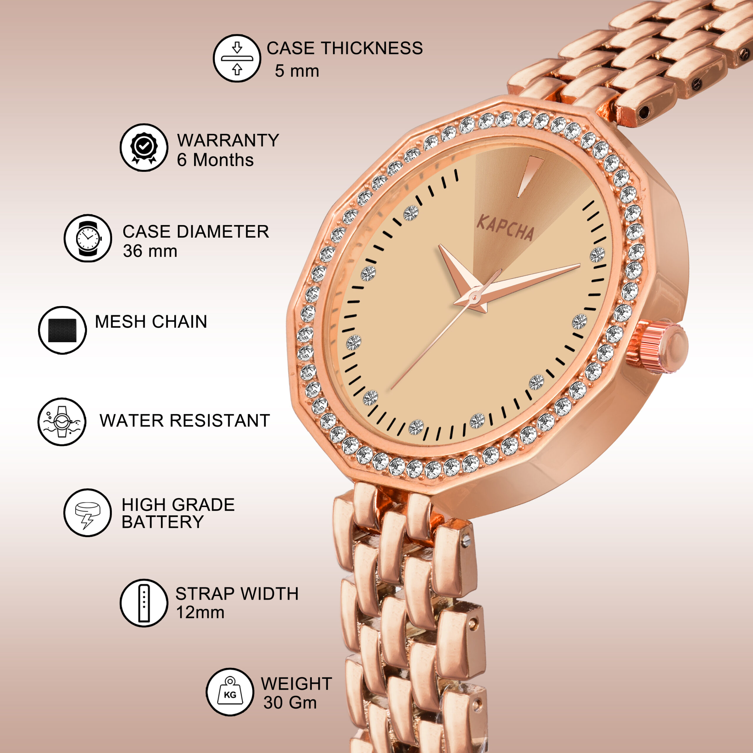 KAPCHA Versatile Stylish Women's Mesh Chain Strap Watch with Rose Gold Floral Gifting Bracelet, Round Dial Shape, Quartz Movement - Image 5