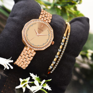 KAPCHA Versatile Stylish Women's Mesh Chain Strap Watch Golden Stone Gifting Bracelet, Round Dial Shape, Quartz Movement Adjustable Strap