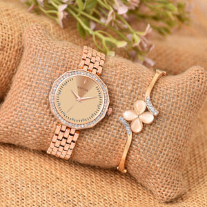 KAPCHA Versatile Stylish Women's Mesh Chain Strap Watch with Rose Gold Floral Gifting Bracelet, Round Dial Shape, Quartz Movement