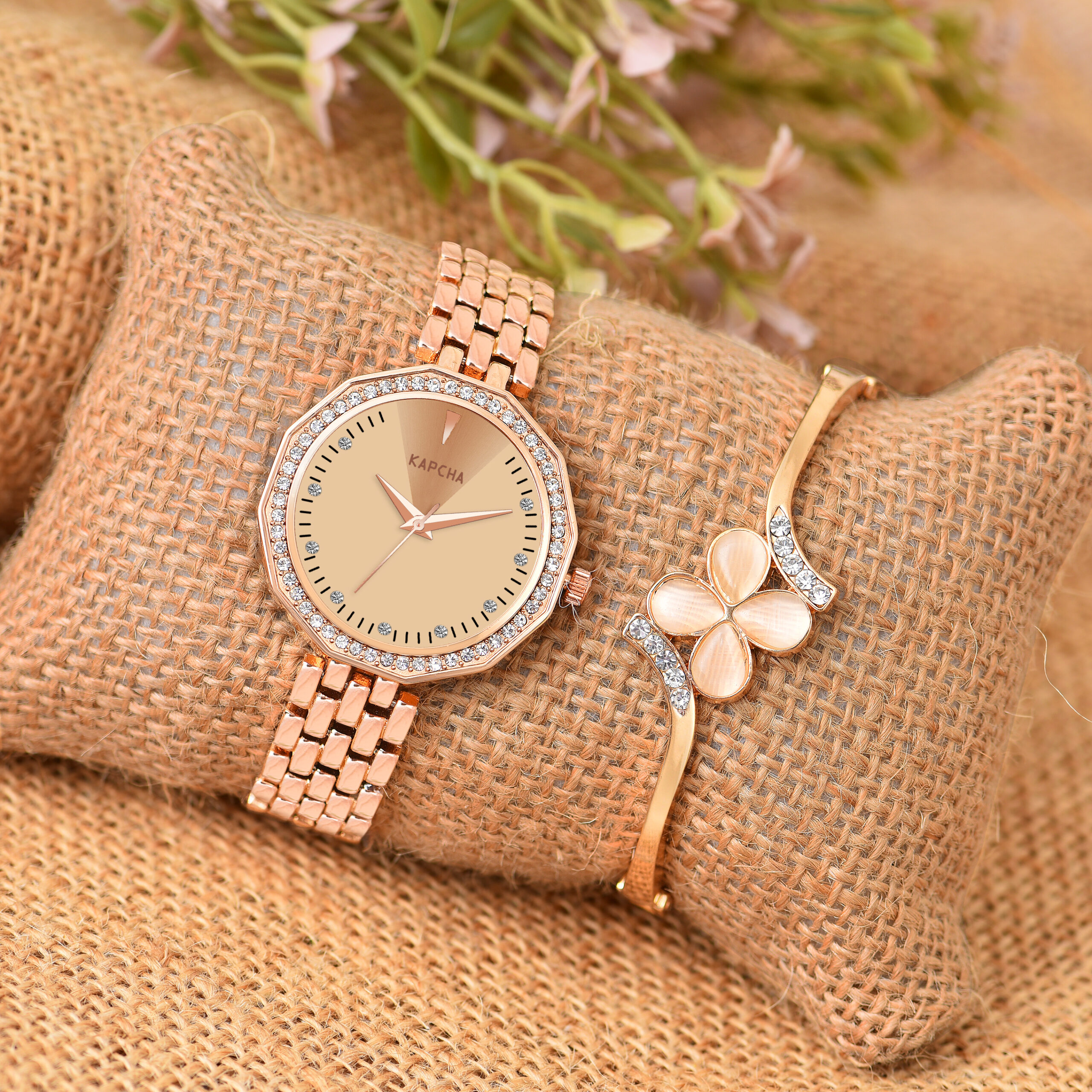 KAPCHA Versatile Stylish Women's Mesh Chain Strap Watch with Rose Gold Floral Gifting Bracelet, Round Dial Shape, Quartz Movement