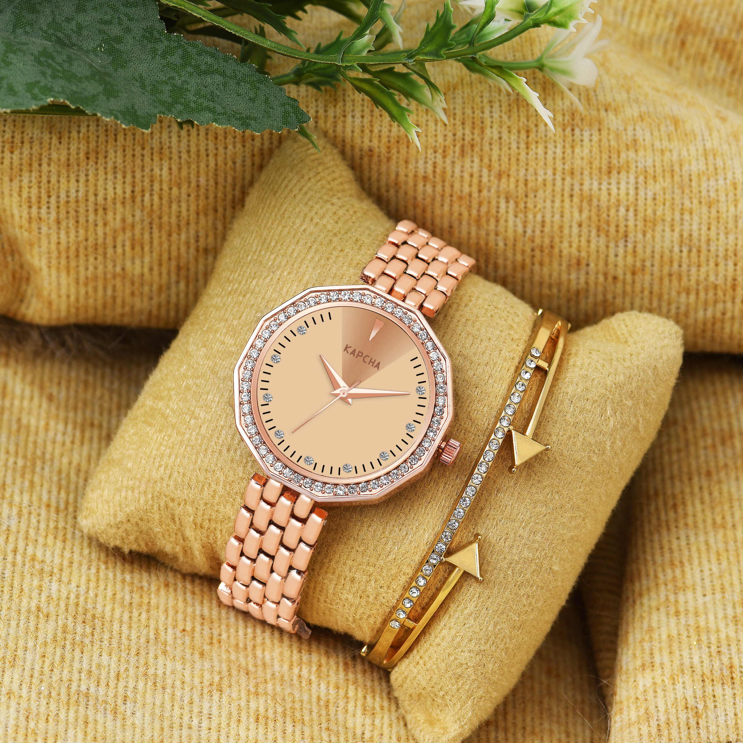 KAPCHA Versatile Stylish Women's Mesh Chain Strap Watch with Golden Stone Charm Bracelet, Round Dial Shape, Quartz Movement Adjustable Strap