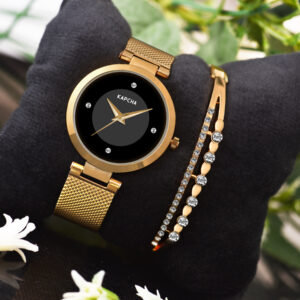 KAPCHA Women's Mesh Strap Watch with Golden Stone Gifting Bracelet, Reliable Quartz Movement, and Adjustable Fit – A Perfect Blend of Durability, Elegance, and Timeless Style