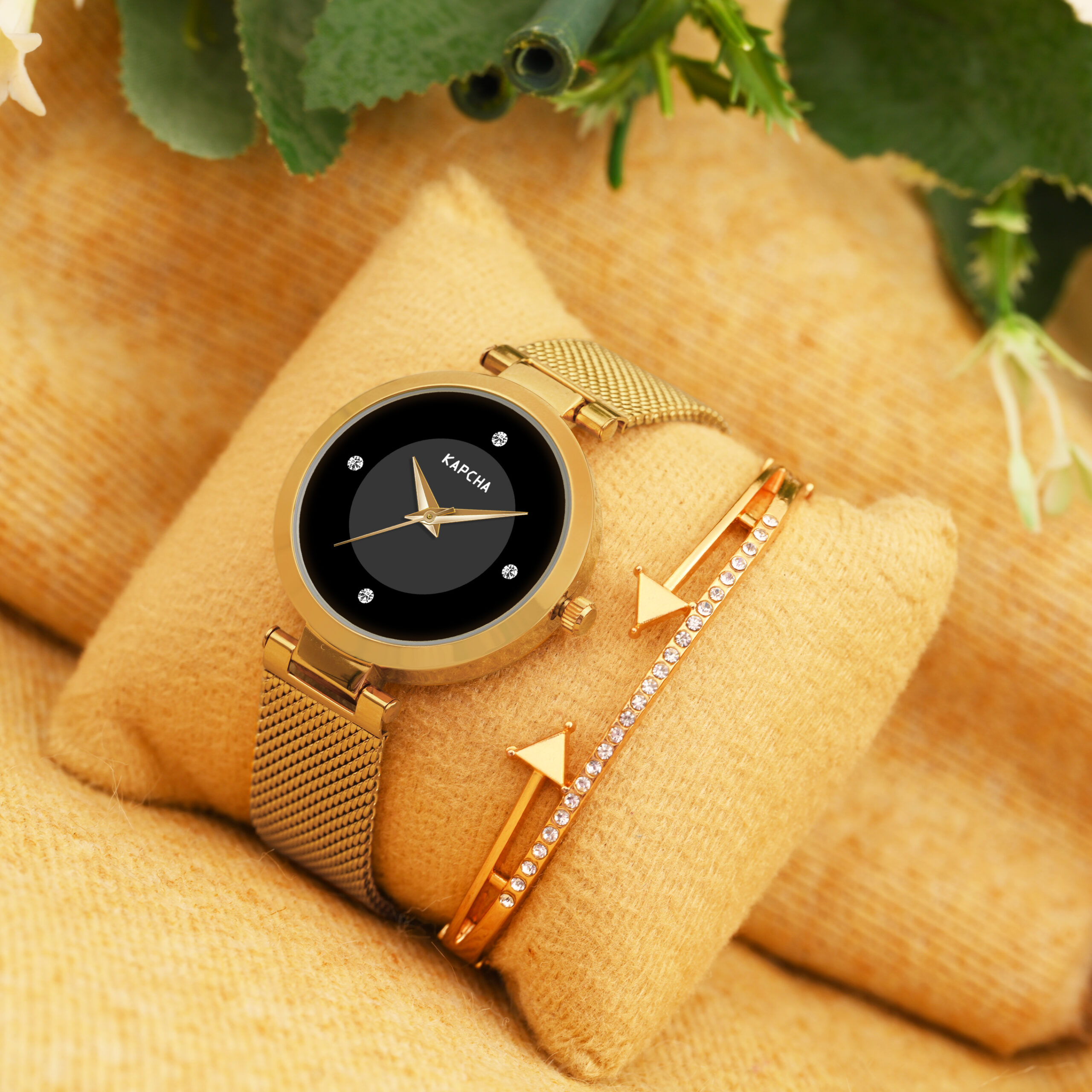 KAPCHA Women's Mesh Strap Watch with Golden Stone Charm Bracelet, Reliable Quartz Movement, and Adjustable Fit