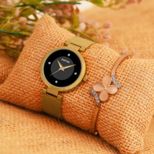 KAPCHA Women's Mesh Strap Watch with Rose Gold Floral Gifting Bracelet, Reliable Quartz Movement, and Adjustable Fit