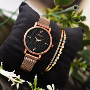 KAPCHA Stylish Chain Strap Watch with Golden Stone Gifting Bracelet for Women Quartz Movement, Round Dial, Adjustable Strap