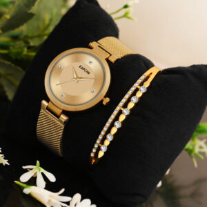 KAPCHA Women's Fashionable Chain Strap Watch with Golden Stone Gifting Bracelet Quartz Movement Adjustable Strap