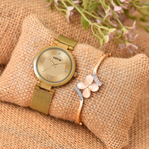 KAPCHA Women's Fashionable Chain Strap Watch with Rose Gold Floral Gifting Bracelet, Quartz Movement Adjustable Strap