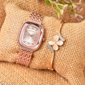 KAPCHA Versatile Stylish Women's Mesh Chain Strap Watch with Rose Gold Floral Gifting Bracelet, Rectangular Dial Shape, Quartz Movement Adjustable Strap