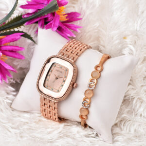 KAPCHA Versatile Stylish Women's Mesh Chain Strap Watch with Gift Bracelet Rectangular Dial Shape, Quartz Movement Adjustable Strap