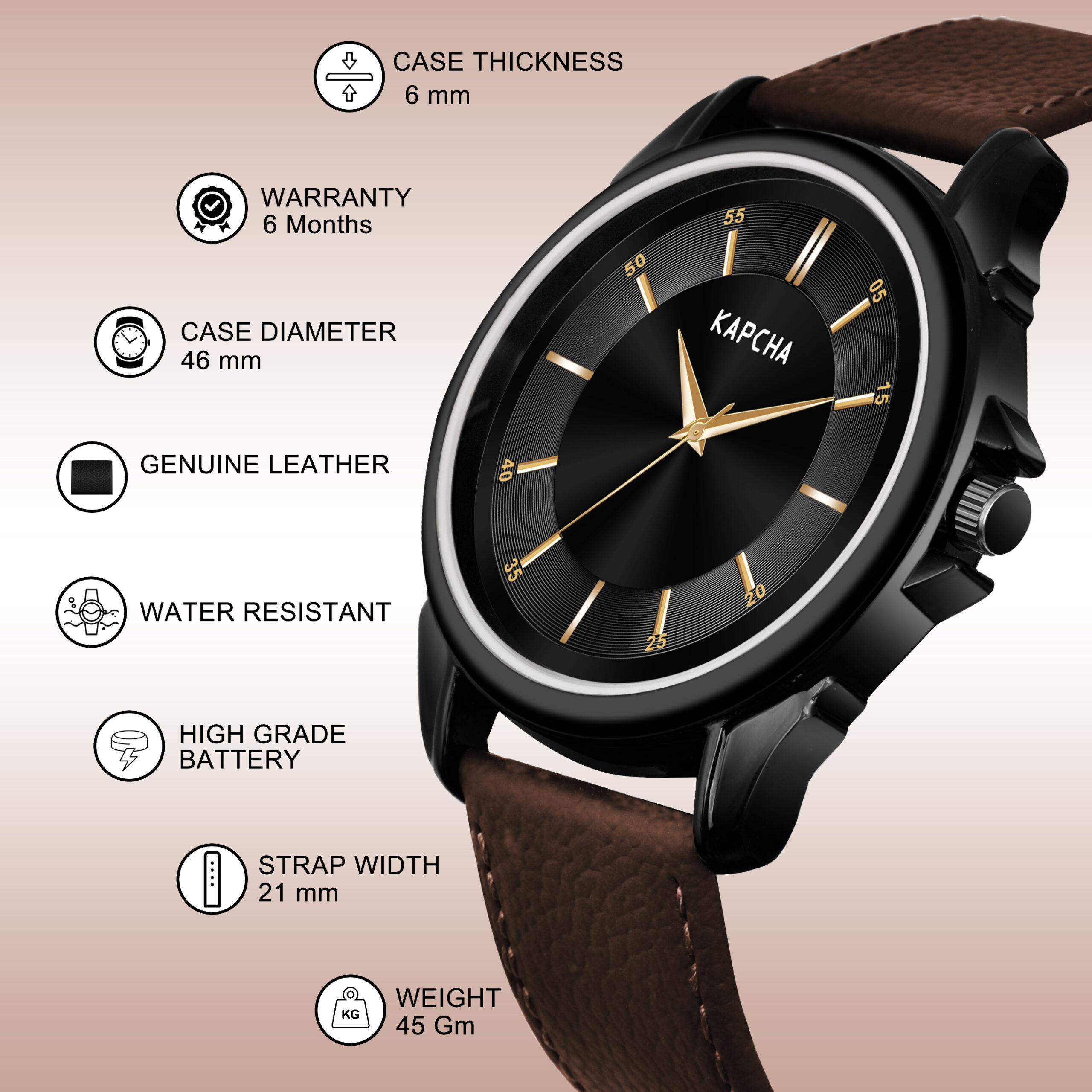 KAPCHA Stylish Men's Genuine Leather Strap Watch with Gift Bracelet Round Dial Shape, Quartz Movement - Image 5