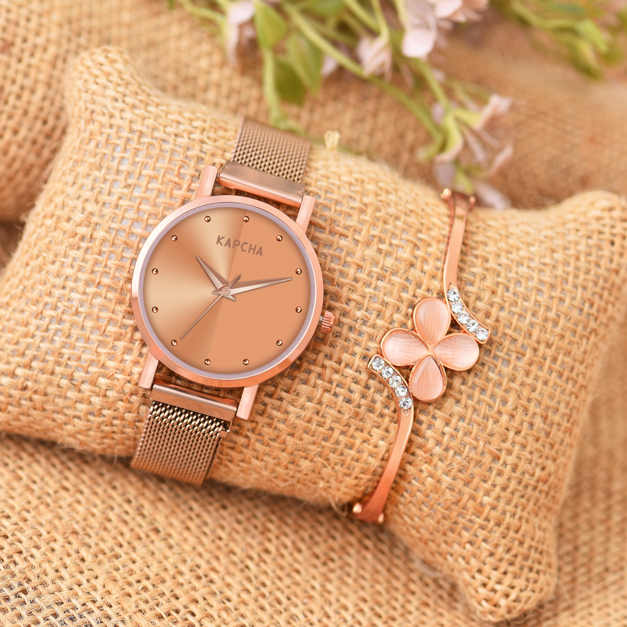 KAPCHA Chic Women's Chain Strap Watch with Rose Gold Floral Gifting Bracelet, Round Dial Shape, Quartz Movement