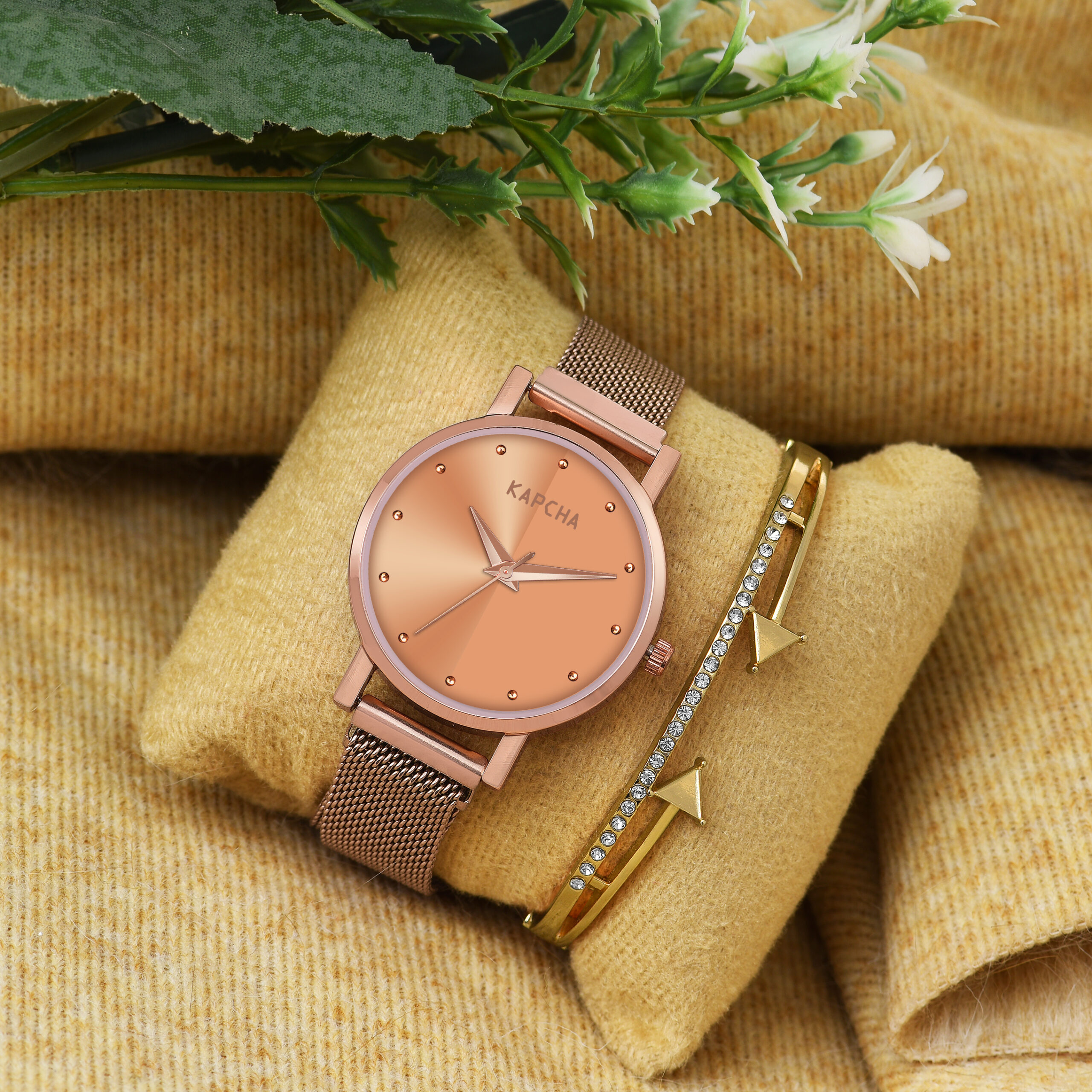 KAPCHA Chic Women's Chain Strap Watch with Golden Stone Charm Bracelet, Round Dial Shape, Quartz Movement