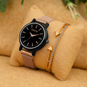 KAPCHA Women's Mesh Strap Watch with Golden Stone Charm Bracelet, Elegant Design Quartz Movement