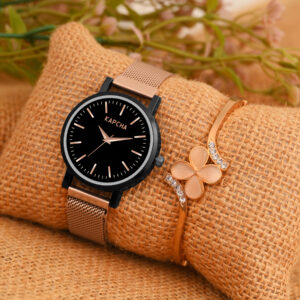 KAPCHA Women's Mesh Strap Watch with Rose Gold Floral Gifting Bracelet, Quartz Movement