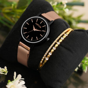 KAPCHA Women's Mesh Strap Watch with Golden Stone Gifting Bracelet Elegant Design Quartz Movement