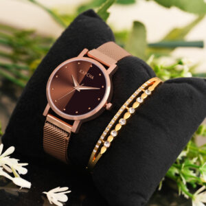 KAPCHA Elegant Women's Chain Strap Watch with Golden Stone Gifting Bracelet Quartz Movement