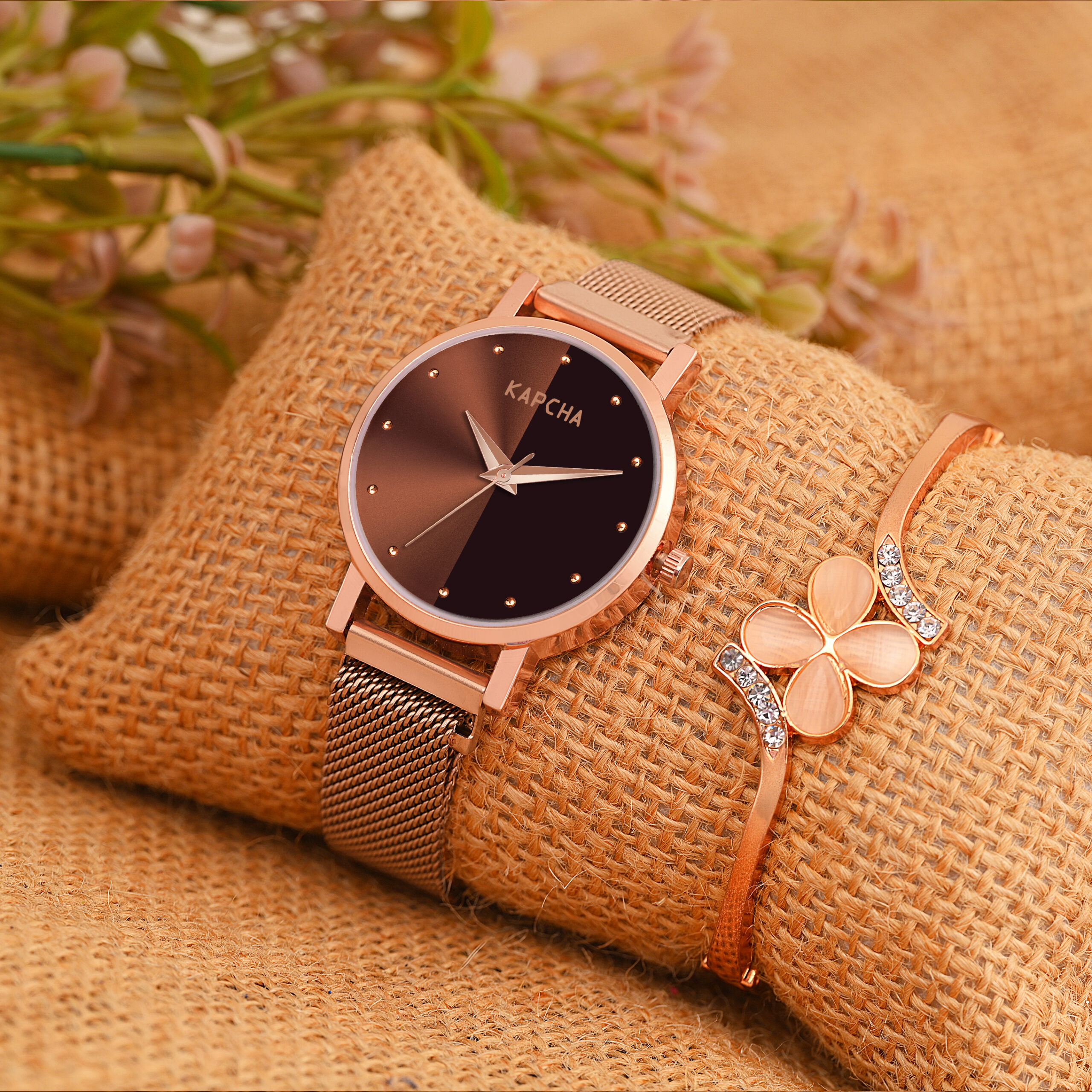 KAPCHA Elegant Women's Chain Strap Watch with Rose Gold Floral Gifting Bracelet, Quartz Movement