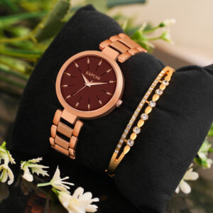 KAPCHA Versatile Stylish Women's Mesh Strap Watch with Golden Stone Gifting Bracelet Round Dial Shape, Quartz Movement