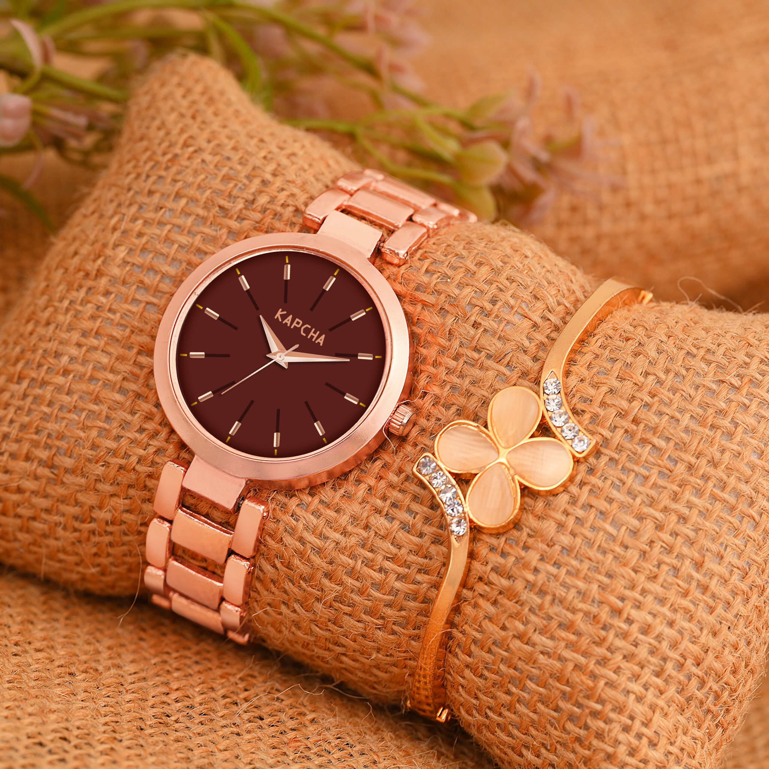 KAPCHA Versatile Stylish Women's Mesh Strap Watch with Rose Gold Floral Gifting Bracelet, Round Dial Shape, Quartz Movement