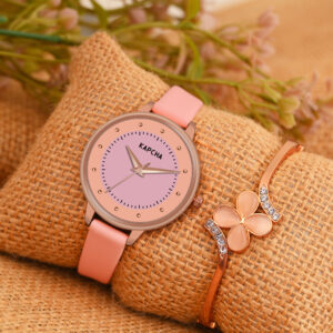 KAPCHA Versatile Stylish Women's Genuine Leather Strap Watch with Rose Gold Floral Gifting Bracelet, Round Dial Shape, Quartz Movement