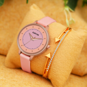 KAPCHA Versatile Stylish Women's Genuine Leather Strap Watch with Golden Stone Charm Bracelet, Round Dial Shape, Quartz Movement