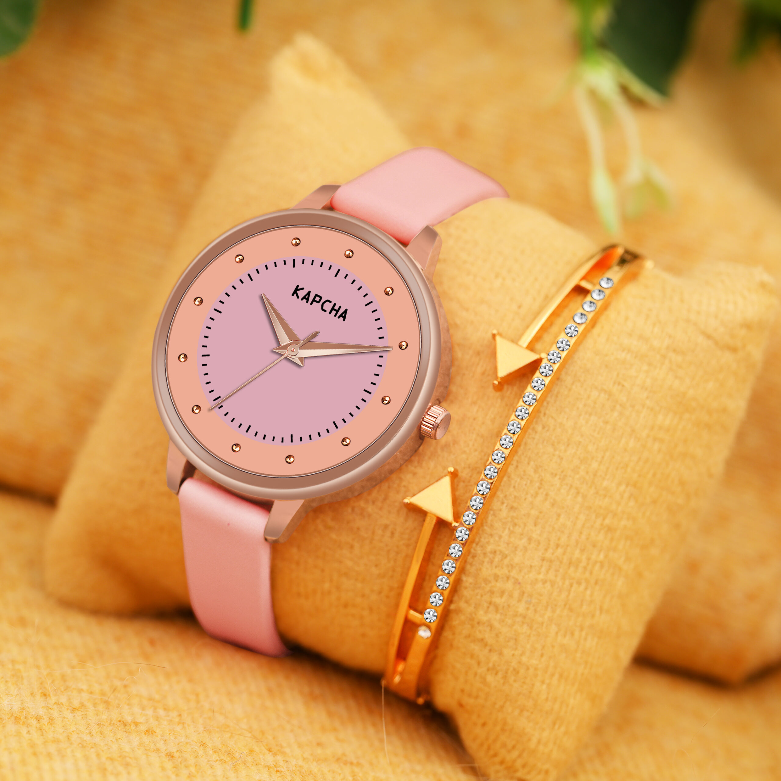 KAPCHA Versatile Stylish Women's Genuine Leather Strap Watch with Golden Stone Charm Bracelet, Round Dial Shape, Quartz Movement