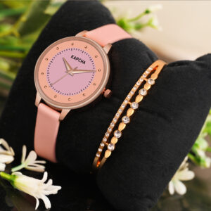 KAPCHA Versatile Stylish Women's Genuine Leather Strap Watch with Golden Stone Gifting Bracelet Round Dial Shape, Quartz Movement