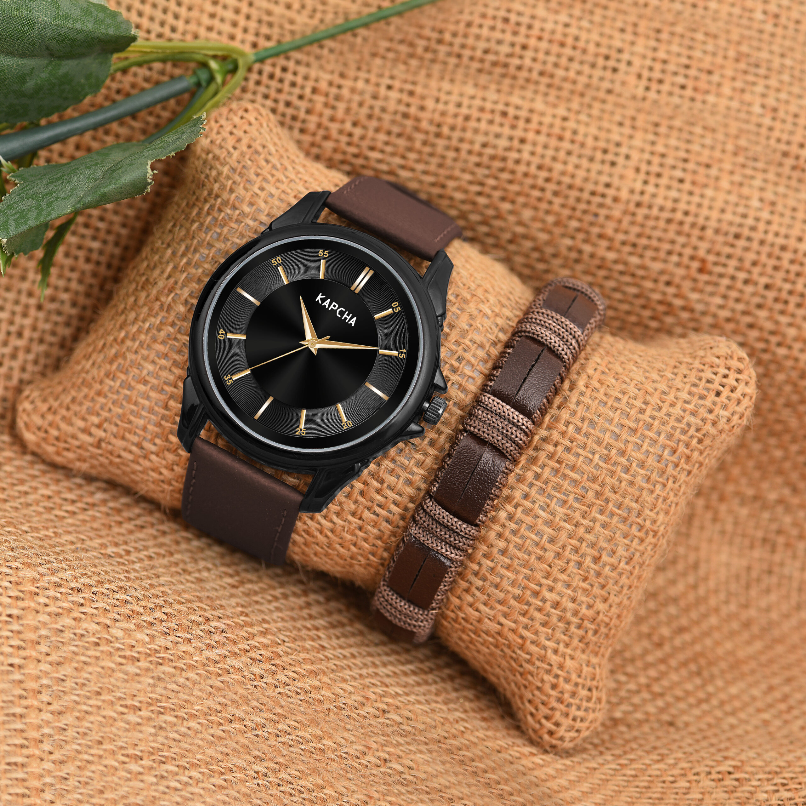 KAPCHA Stylish Men's Genuine Leather Strap Watch with Gift Bracelet Round Dial Shape, Quartz Movement