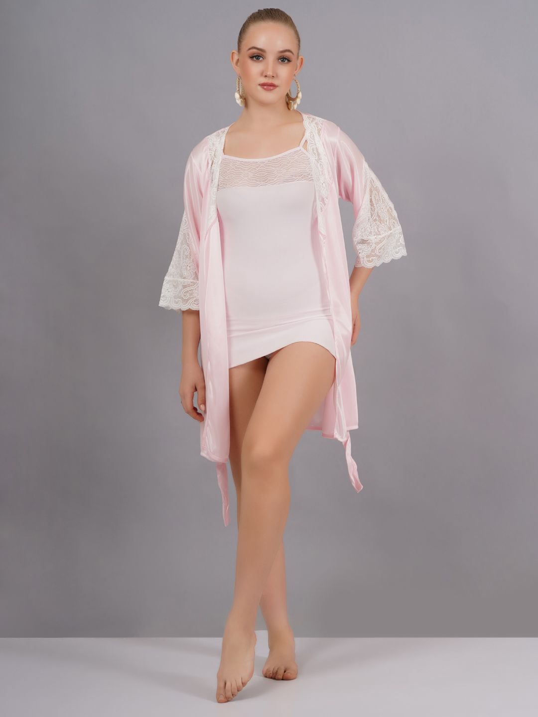 KAPCHA Women’s Satin Nightwear Set with Lace Robe – 2 Piece Pink Nightdress with Satin Robe – Elegant Sleepwear & Loungewear for Women