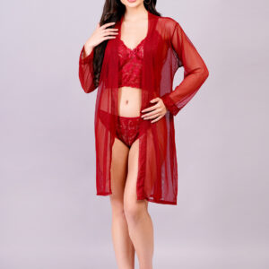 KAPCHA Women’s Red Lace Lingerie Set with Sheer Robe – 3 Piece Nightwear Set (Bra, Panty & Long Robe) – Sexy Sleepwear for Women