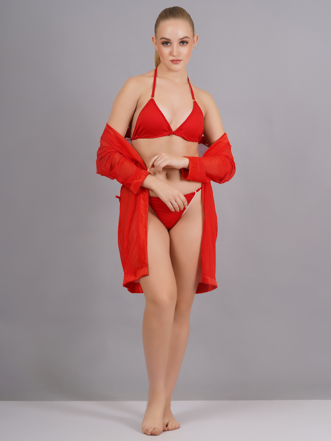 KAPCHA Women’s 3-Piece Red Nightwear Set – Bra, Panty & Robe Lingerie Set – Sexy Sleepwear for Women & Honeymoon Nightdress - Image 2