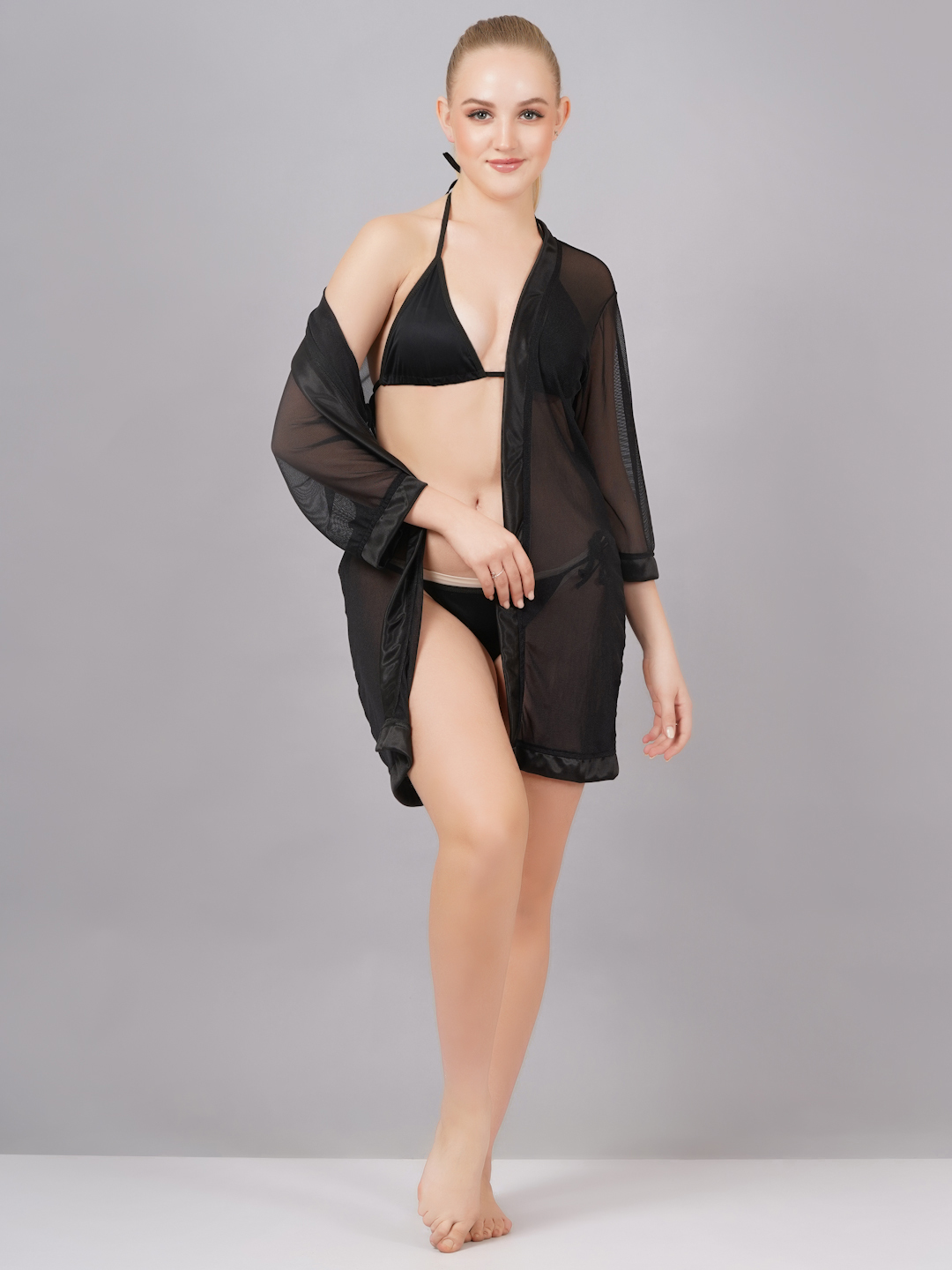 KAPCHA Women’s Sheer Nightwear Robe – Transparent Mesh Cover-Up with Satin Trim & Waist Tie | Lingerie Kimono for Women - Image 2