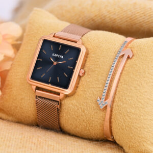 KAPCHA Women’s Square Rose Gold Mesh Strap Watch – Minimalist Black Dial Dress Watch – Elegant Stainless Steel Quartz Timepiece